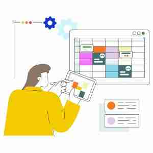 illustration of a person with a tablet reviewing a calendar with various colorful blocks